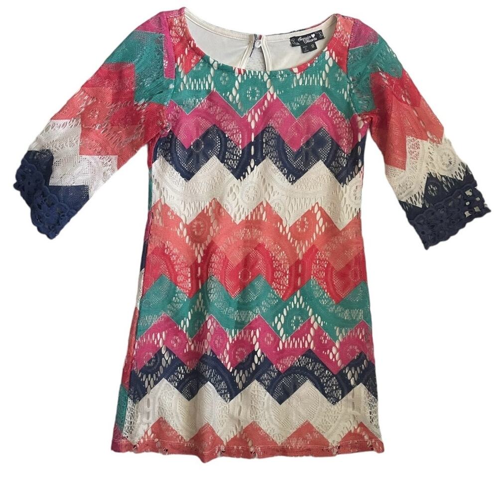 Sequin Hearts Girls Dress 8 Multicolored‎ Chevron Print Crocheted Overlay Lined